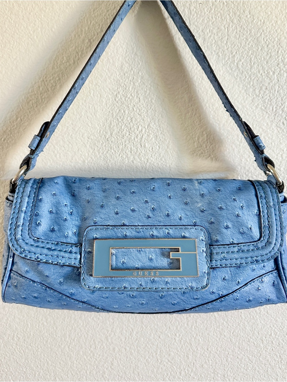 Vintage Y2K Guess Blue Ostrich Embossed Baguette Shoulder Bag G Logo
